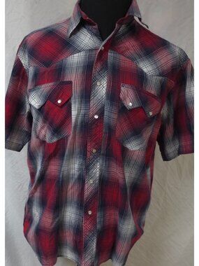 Rustler By Wrangler Mens Large Red Plaid Western Pearl Snap Short Sleeve Shirt